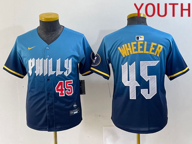 Youth Philadelphia Phillies #45 Wheeler Blue City Edition Nike 2024 MLB Jersey style 2